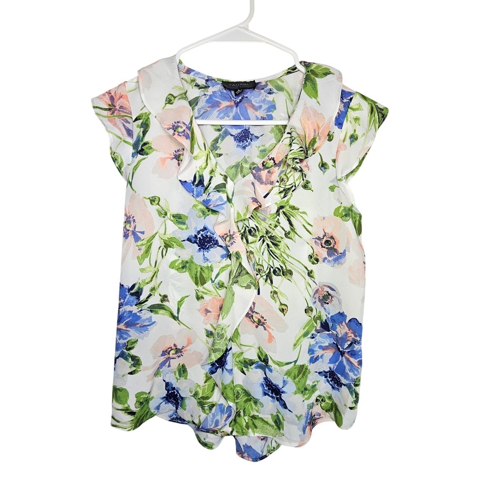 Tahari ASL Floral Ruffle V-Neck Sleeveless Blouse White Blue Pink Size L
